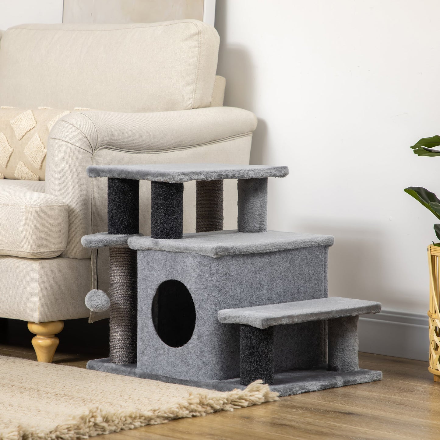 Adjustable Height Cat Stairs with Jute Scratching Posts, Cat House for Cozy Rest, Pet Steps for Couch Sofa and High Bed with Hanging Ball, Front Hole, Platform, Grey