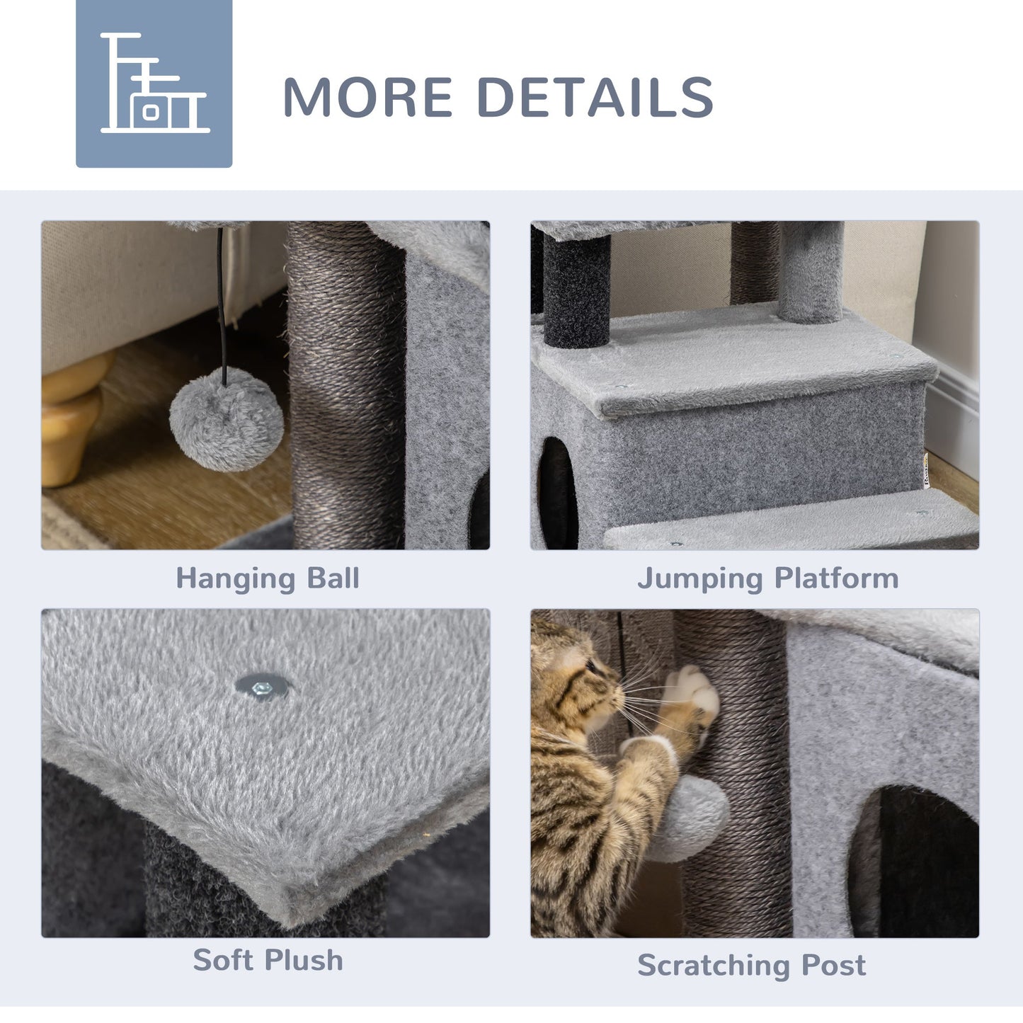 Adjustable Height Cat Stairs with Jute Scratching Posts, Cat House for Cozy Rest, Pet Steps for Couch Sofa and High Bed with Hanging Ball, Front Hole, Platform, Grey