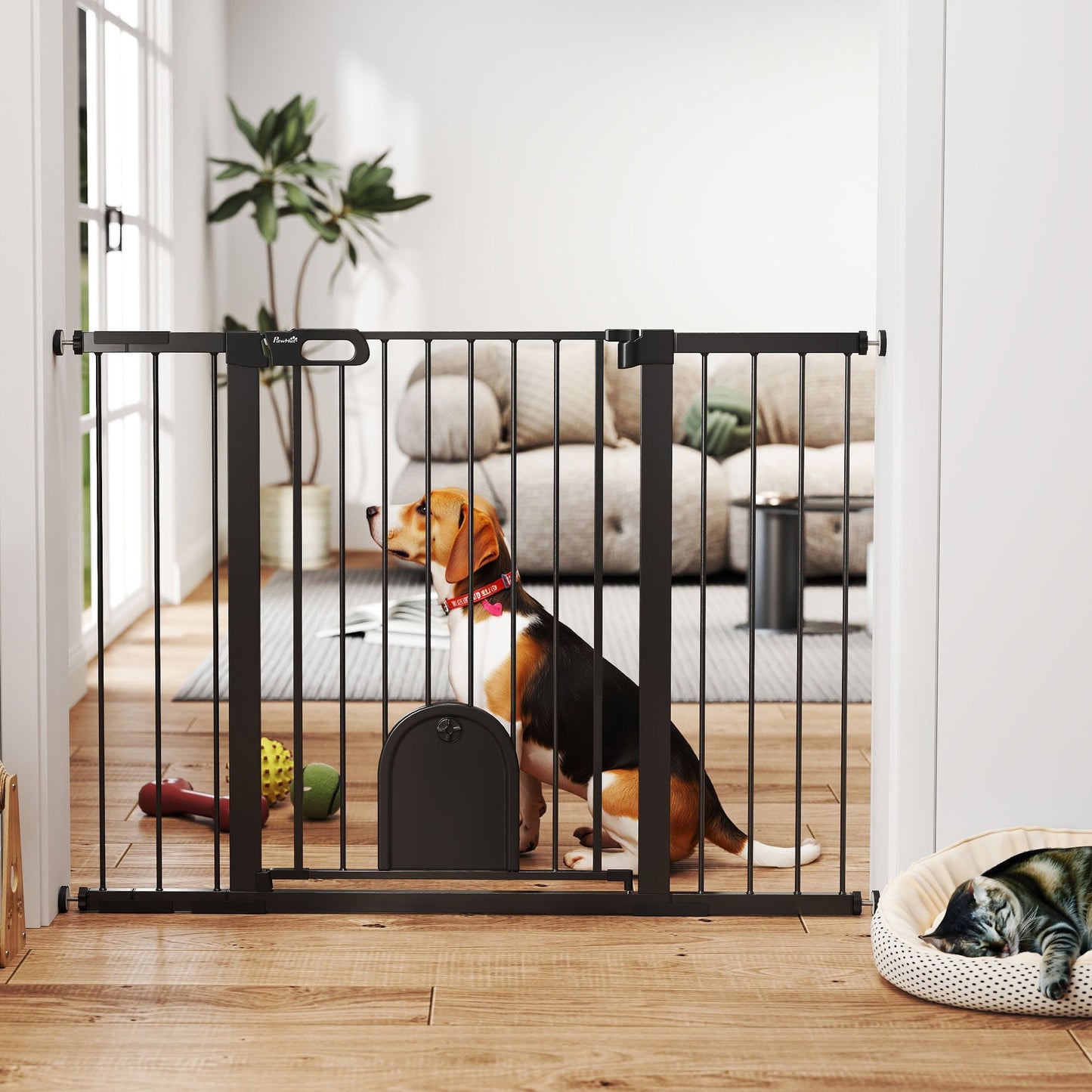 30"-52" Extra Wide Pet Gate with Small Door, 35"H Dog Gate with Safety Gate Barrier, Stair Pressure Fit, Auto Close, Double Locking, for Doorways, Hallways, White