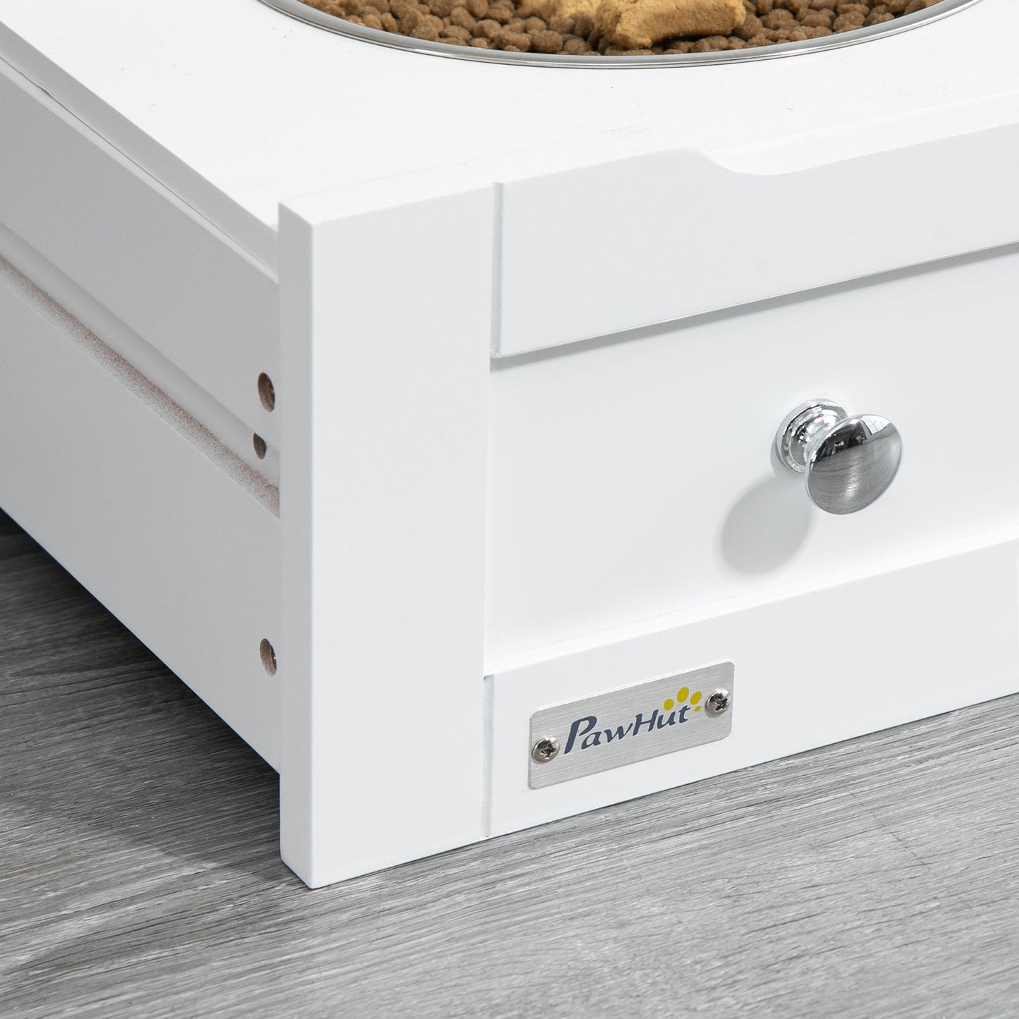 Cat Dog Feeding Station, Dog Food Storage Cabinet, Pet Feeder Container with Raised Bowls and Hanger for Feeding & Watering Supplies, White