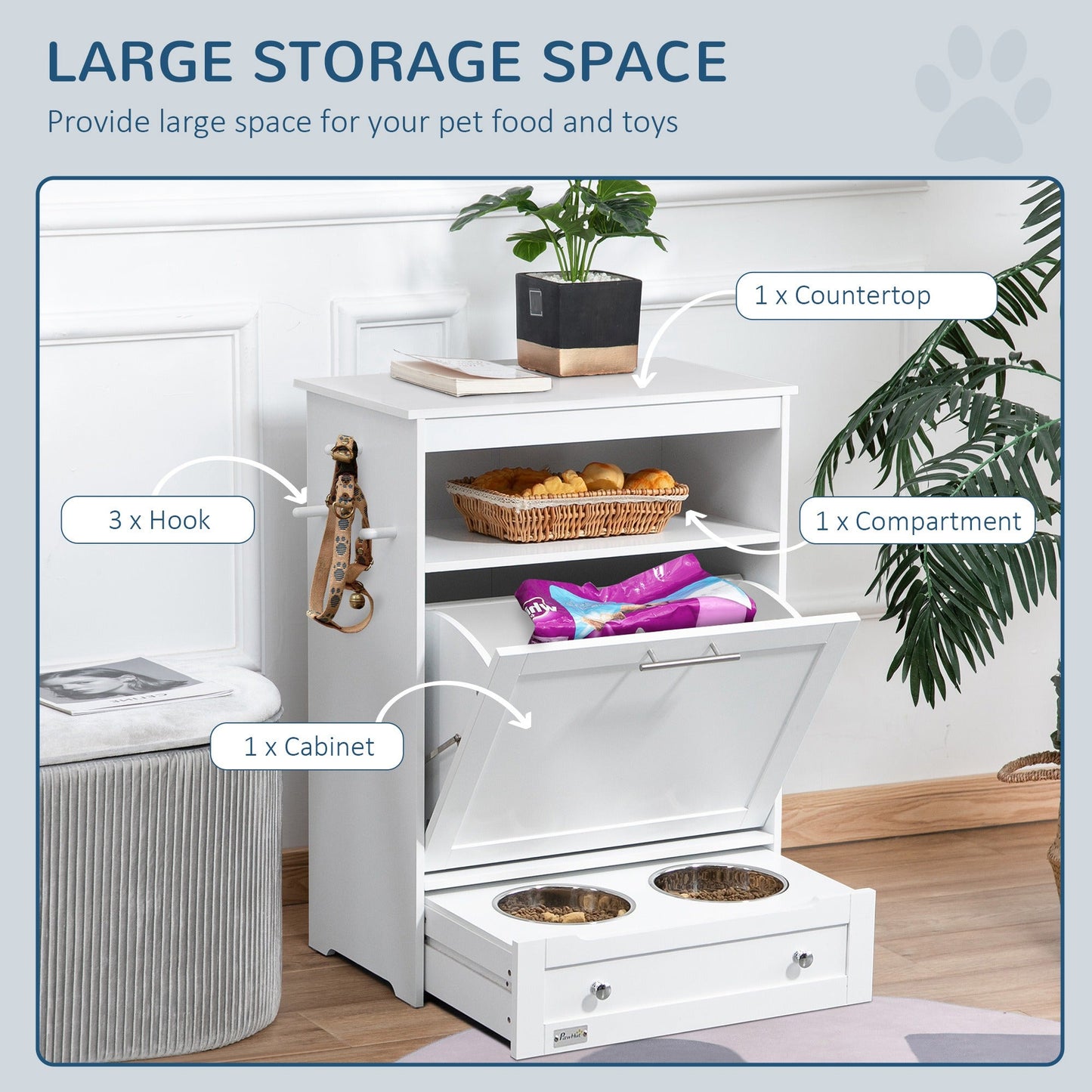 Cat Dog Feeding Station, Dog Food Storage Cabinet, Pet Feeder Container with Raised Bowls and Hanger for Feeding & Watering Supplies, White