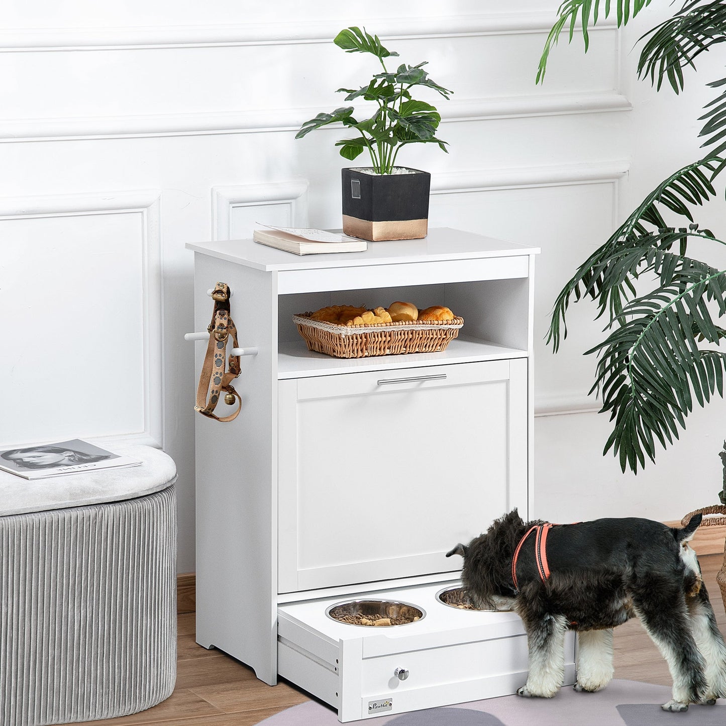 Cat Dog Feeding Station, Dog Food Storage Cabinet, Pet Feeder Container with Raised Bowls and Hanger for Feeding & Watering Supplies, White