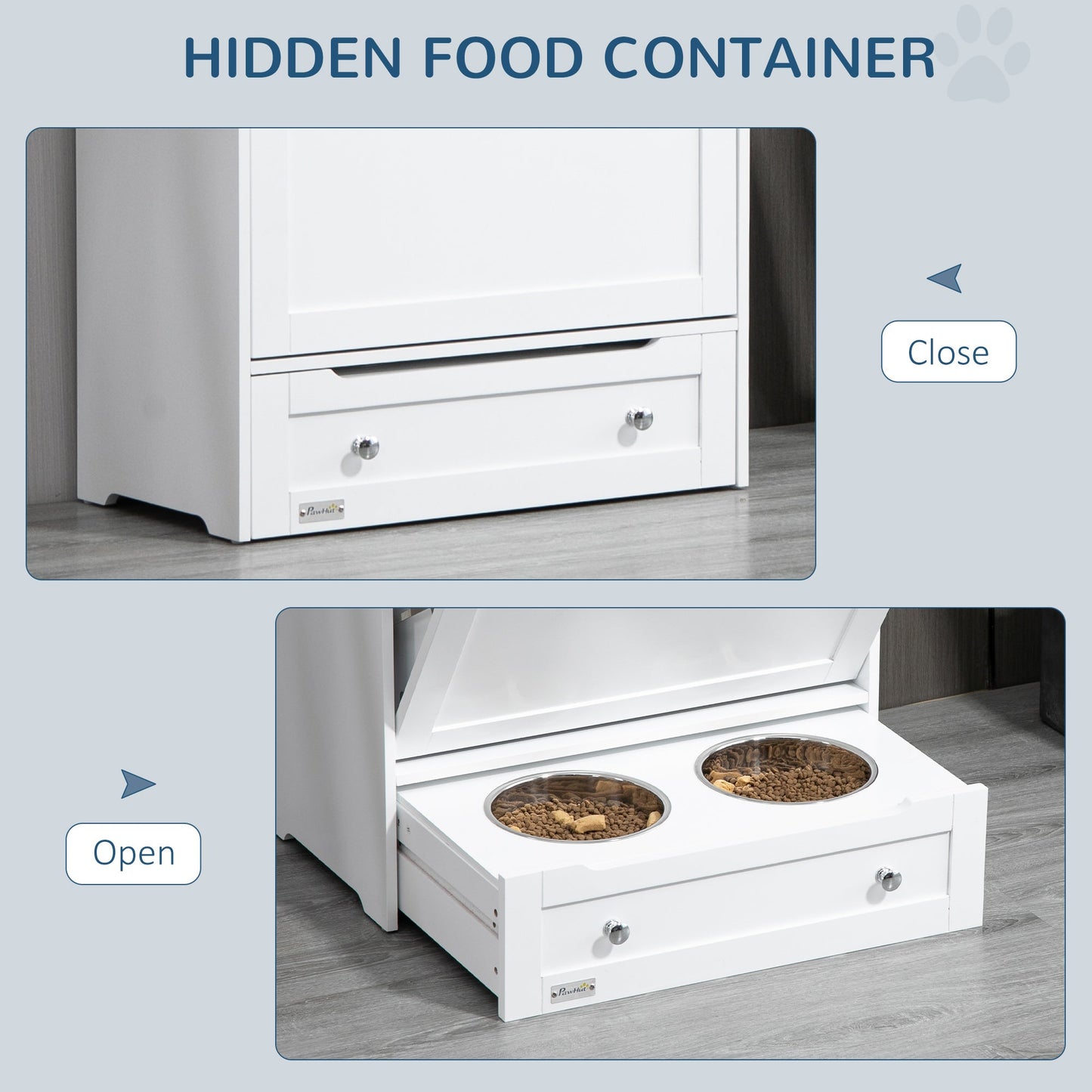 Cat Dog Feeding Station, Dog Food Storage Cabinet, Pet Feeder Container with Raised Bowls and Hanger for Feeding & Watering Supplies, White