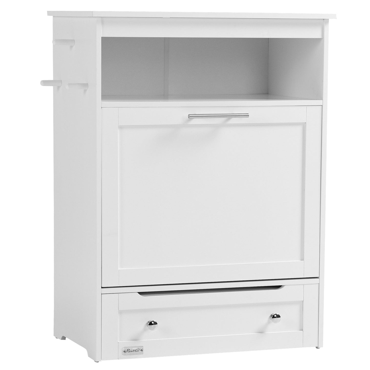 Cat Dog Feeding Station, Dog Food Storage Cabinet, Pet Feeder Container with Raised Bowls and Hanger for Feeding & Watering Supplies, White
