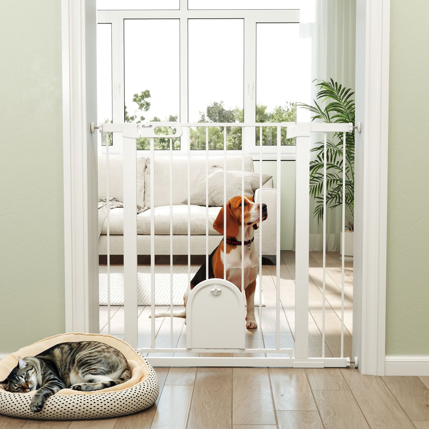30"-41" Extra Wide Pet Gate with Small Door, 35"H Dog Gate with Safety Gate Barrier, Stair Pressure Fit, Auto Close, Double Locking, for Doorways, Hallways, White