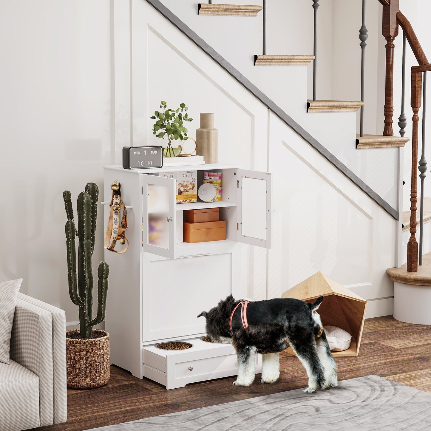 Dog Feeding Station with 2 Storage Cabinets, Dog Food Storage Cabinet with 2 Raised Dog Bowls, Side Hooks, Anti-tip Kit for Water and Feeding Supplies, White