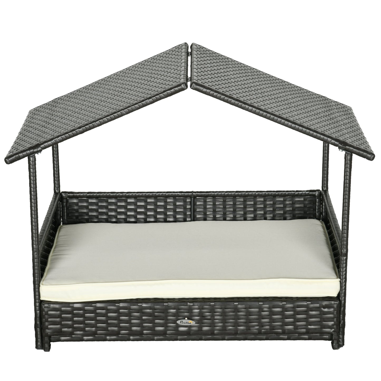 Elevated Rattan Dog House Outdoor with Canopy, Extendable Wicker Dog Bed with Water-Resistant Cushion, for Small and Medium Dogs Cream White