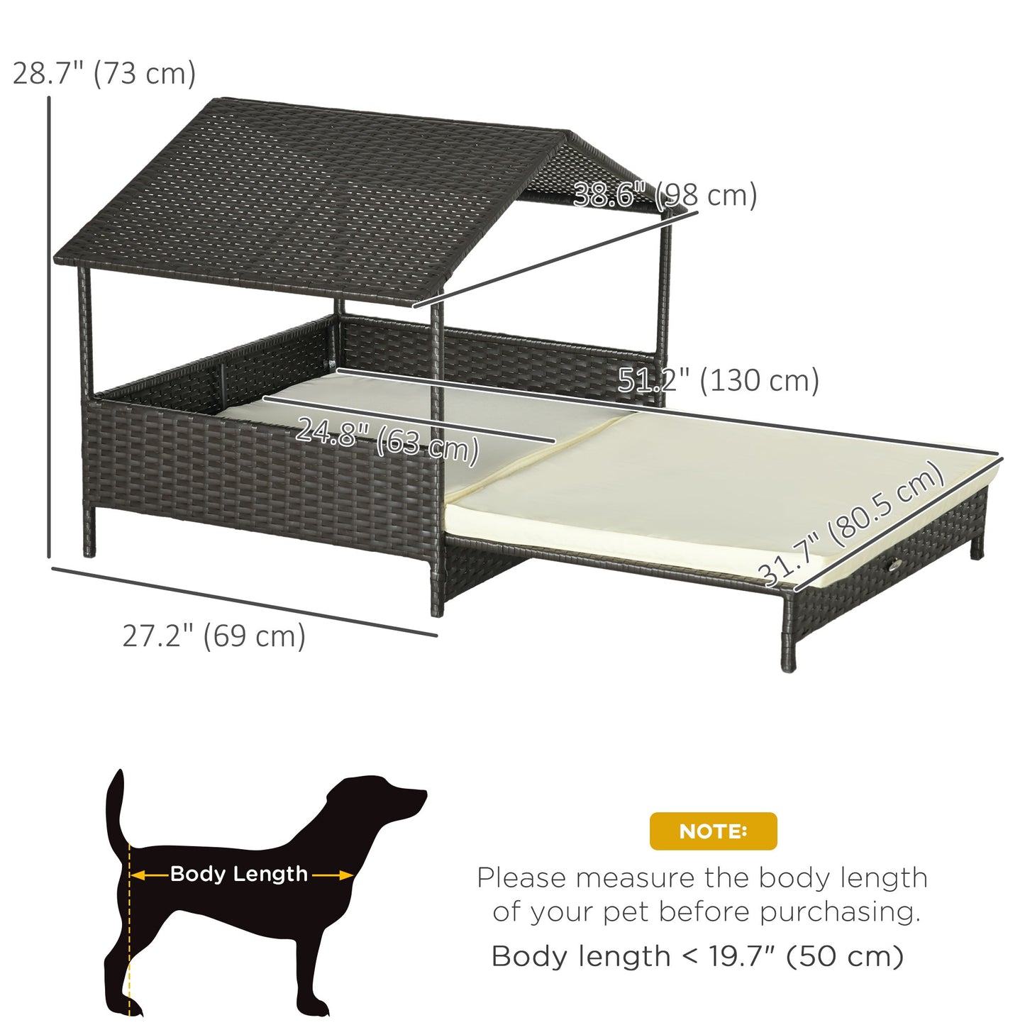 Elevated Rattan Dog House Outdoor with Canopy, Extendable Wicker Dog Bed with Water-Resistant Cushion, for Small and Medium Dogs Cream White
