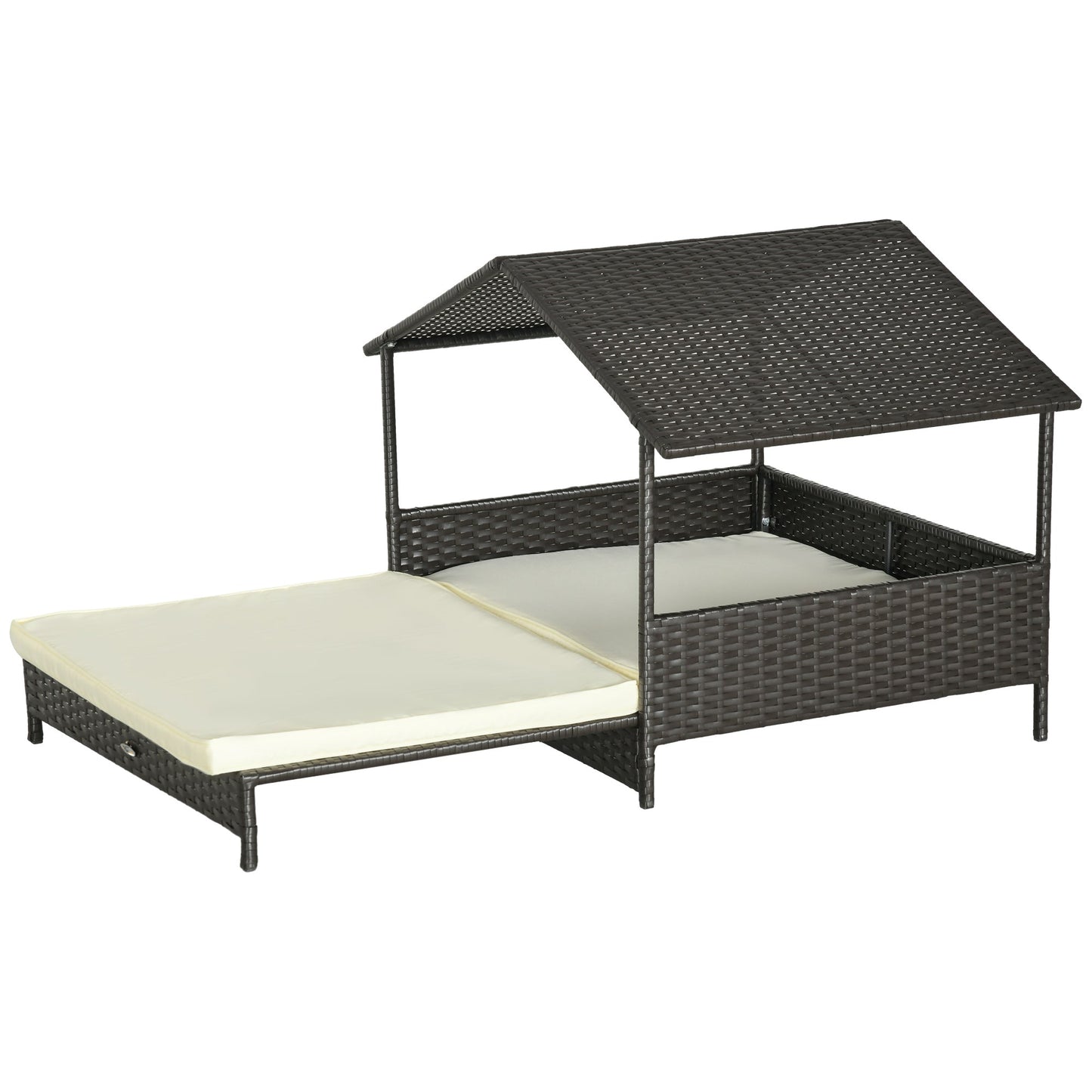 Elevated Rattan Dog House Outdoor with Canopy, Extendable Wicker Dog Bed with Water-Resistant Cushion, for Small and Medium Dogs Cream White
