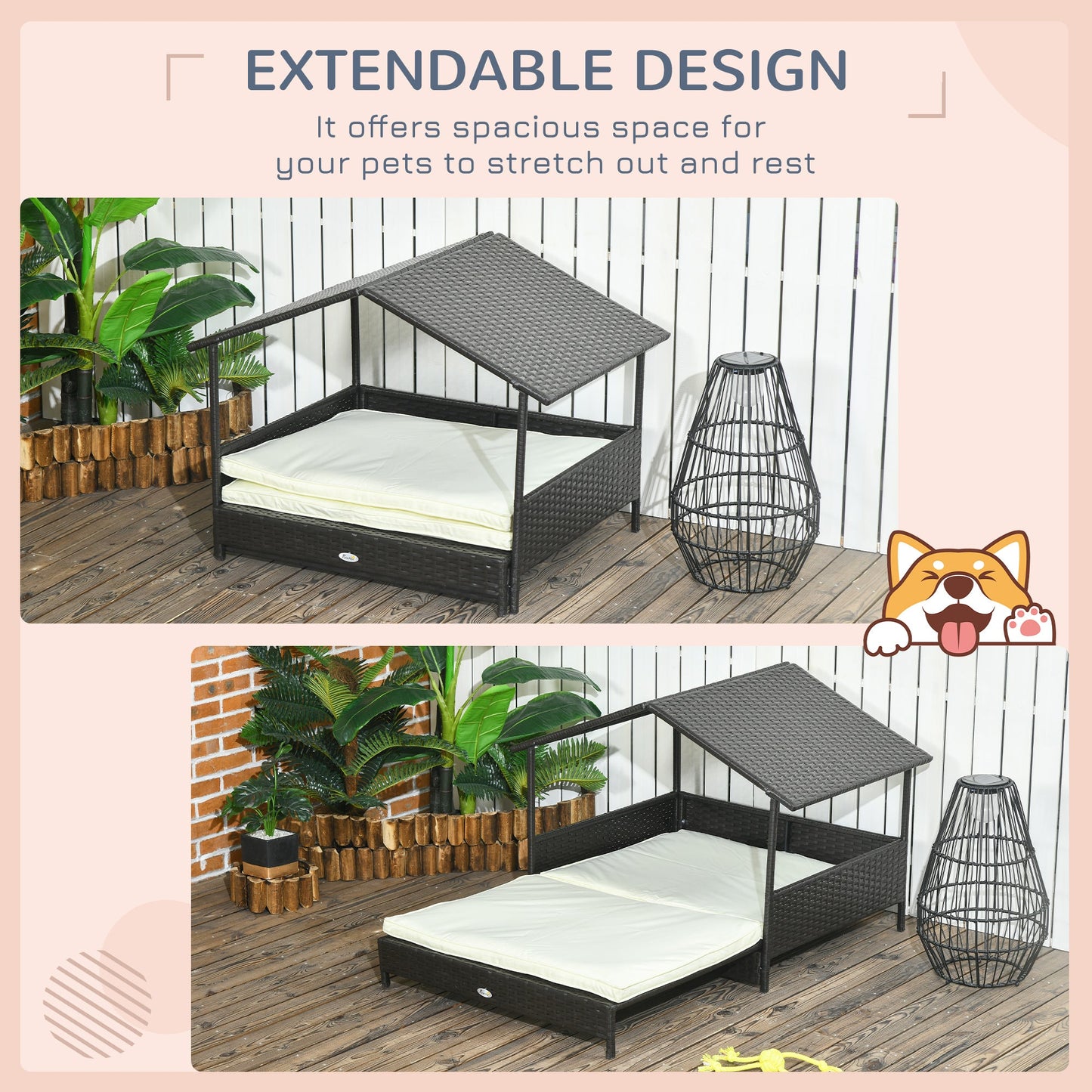 Elevated Rattan Dog House Outdoor with Canopy, Extendable Wicker Dog Bed with Water-Resistant Cushion, for Small and Medium Dogs Cream White