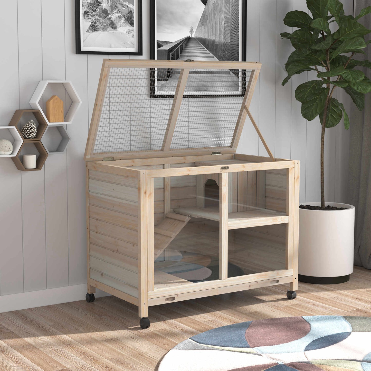Indoor Rabbit Hutch with Wheels, Bunny Cage Guinea Pig House Small Animals Habitat W/ Top Access, Ramp, Pull Out Tray, Natural Wood