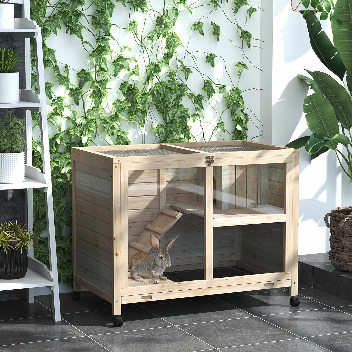 Indoor Rabbit Hutch with Wheels, Bunny Cage Guinea Pig House Small Animals Habitat W/ Top Access, Ramp, Pull Out Tray, Natural Wood