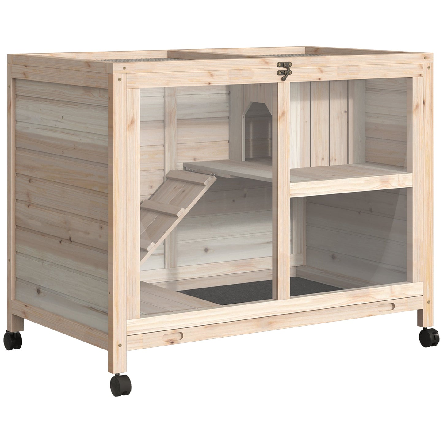 Indoor Rabbit Hutch with Wheels, Bunny Cage Guinea Pig House Small Animals Habitat W/ Top Access, Ramp, Pull Out Tray, Natural Wood
