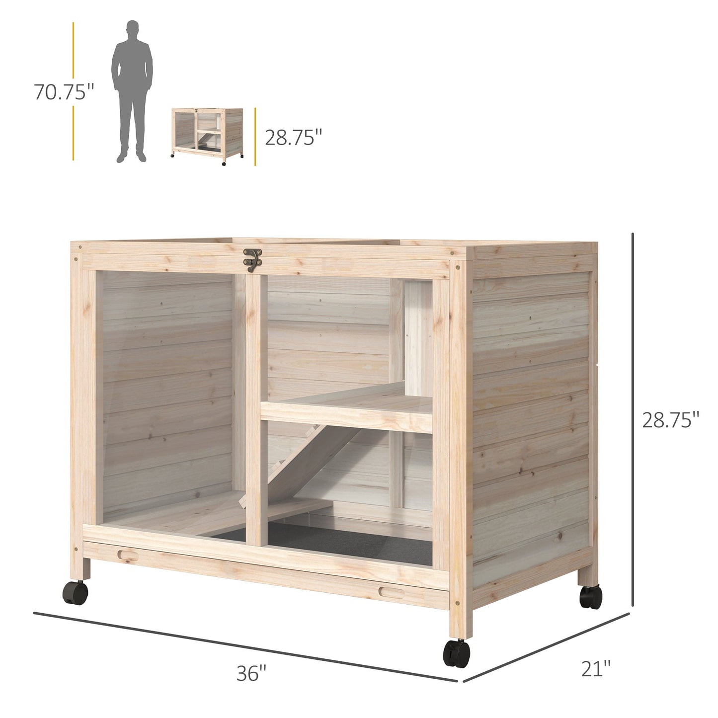 Indoor Rabbit Hutch with Wheels, Bunny Cage Guinea Pig House Small Animals Habitat W/ Top Access, Ramp, Pull Out Tray, Natural Wood