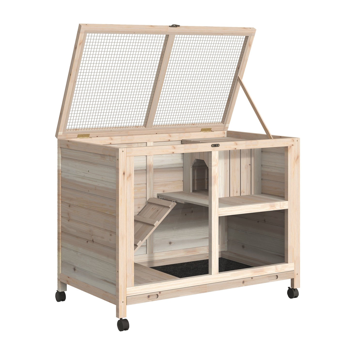 Indoor Rabbit Hutch with Wheels, Bunny Cage Guinea Pig House Small Animals Habitat W/ Top Access, Ramp, Pull Out Tray, Natural Wood