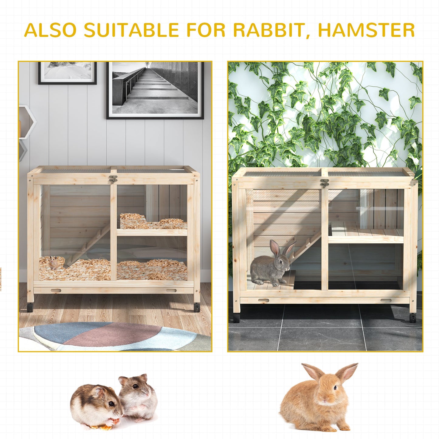 Indoor Rabbit Hutch with Wheels, Bunny Cage Guinea Pig House Small Animals Habitat W/ Top Access, Ramp, Pull Out Tray, Natural Wood