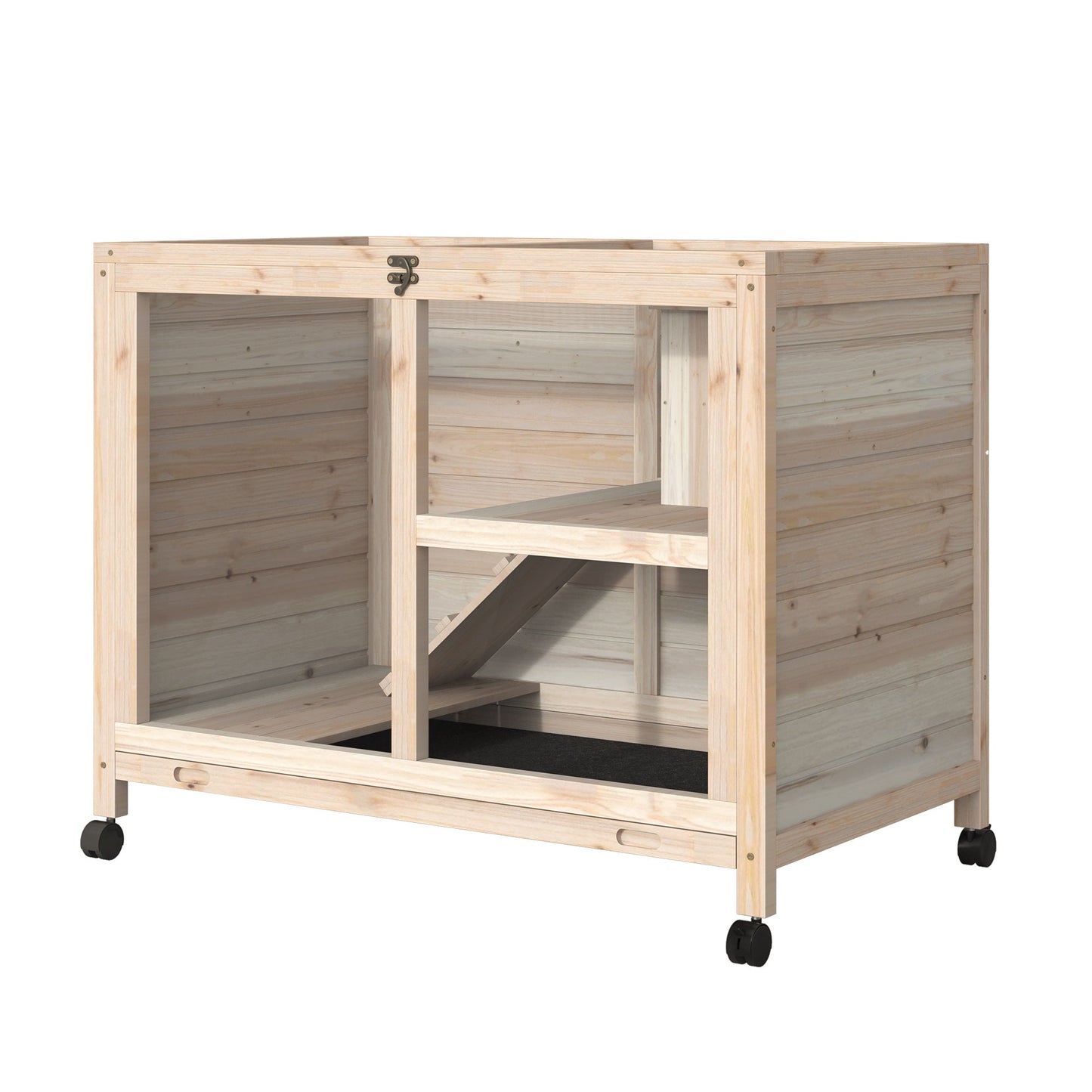 Indoor Rabbit Hutch with Wheels, Bunny Cage Guinea Pig House Small Animals Habitat W/ Top Access, Ramp, Pull Out Tray, Natural Wood