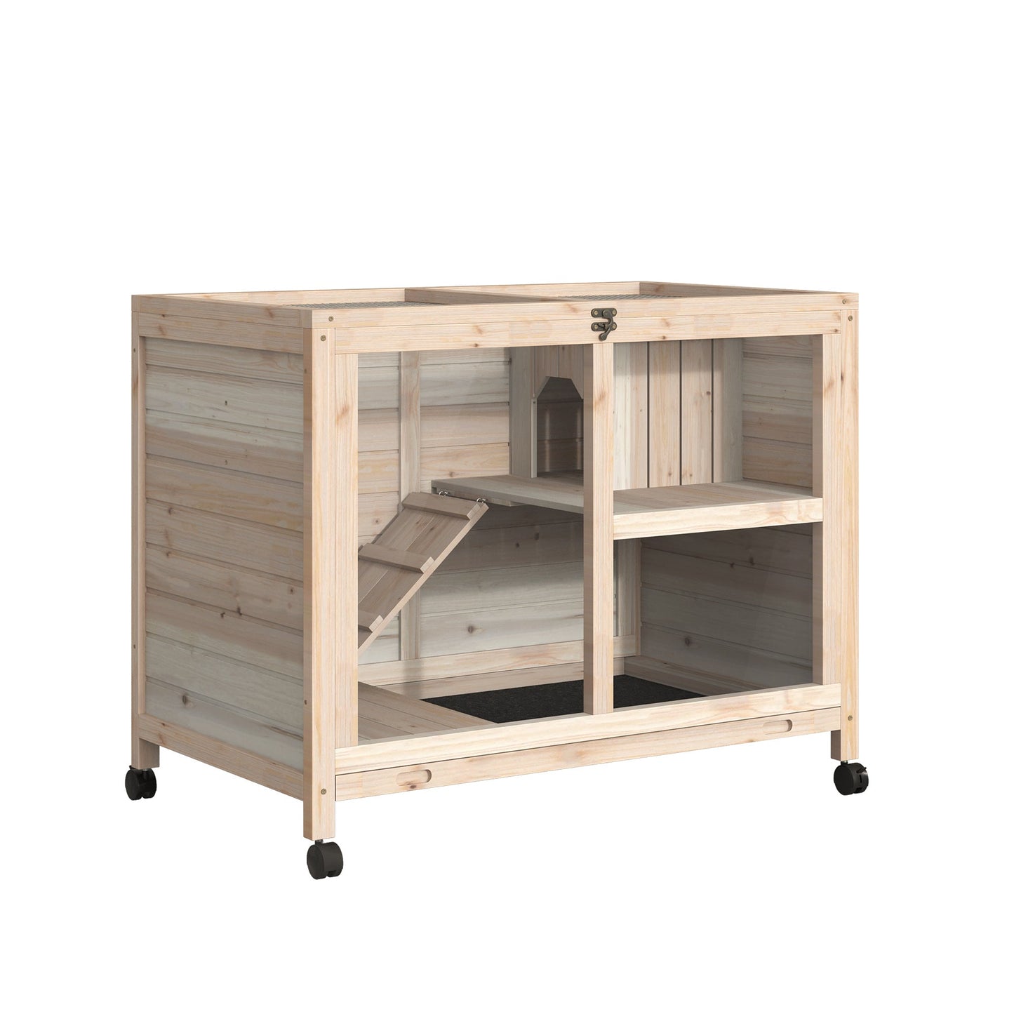 Indoor Rabbit Hutch with Wheels, Bunny Cage Guinea Pig House Small Animals Habitat W/ Top Access, Ramp, Pull Out Tray, Natural Wood