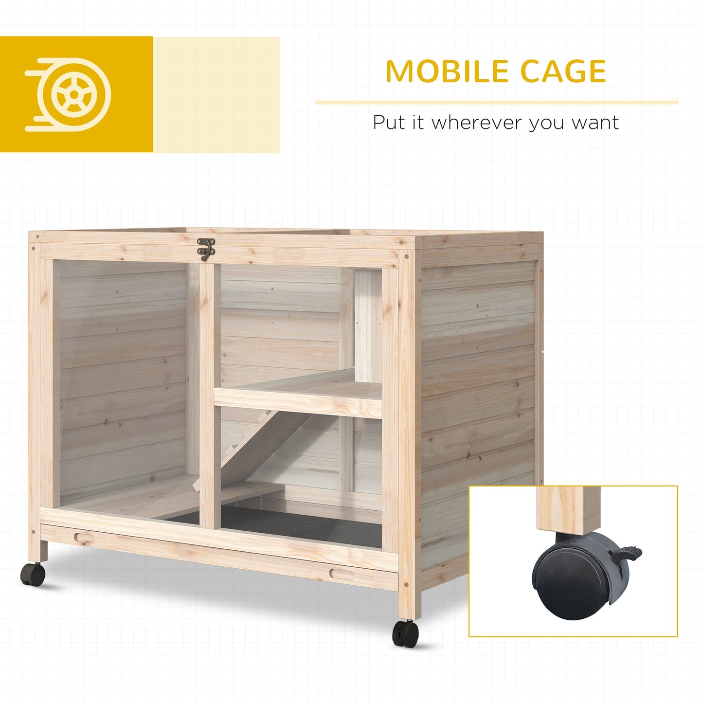 Indoor Rabbit Hutch with Wheels, Bunny Cage Guinea Pig House Small Animals Habitat W/ Top Access, Ramp, Pull Out Tray, Natural Wood