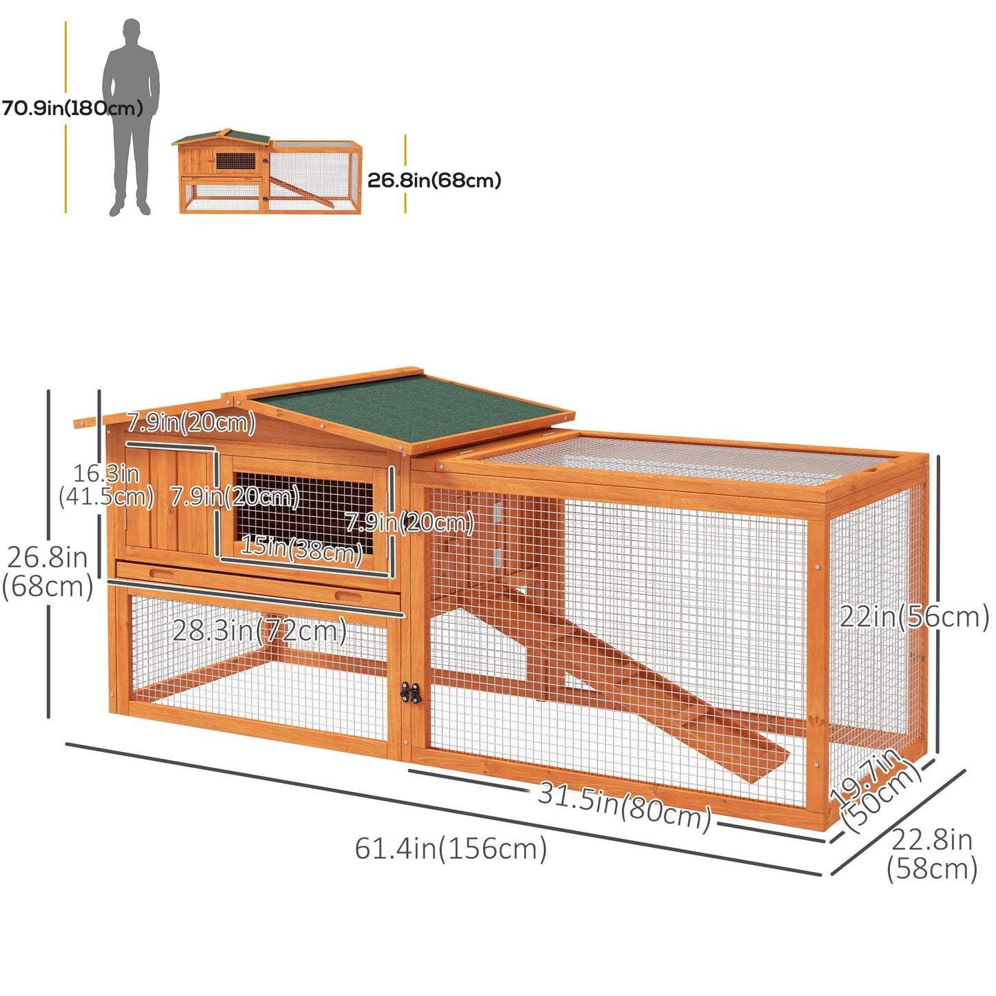 61'' L 2-Story Rabbit Hutch Bunny Cage Small Animal House with Pull Out Tray, Detachable Run, Ramp, for Indoor Outdoor, Orange