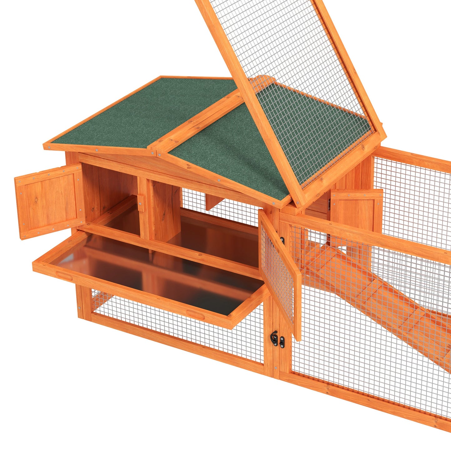 61'' L 2-Story Rabbit Hutch Bunny Cage Small Animal House with Pull Out Tray, Detachable Run, Ramp, for Indoor Outdoor, Orange