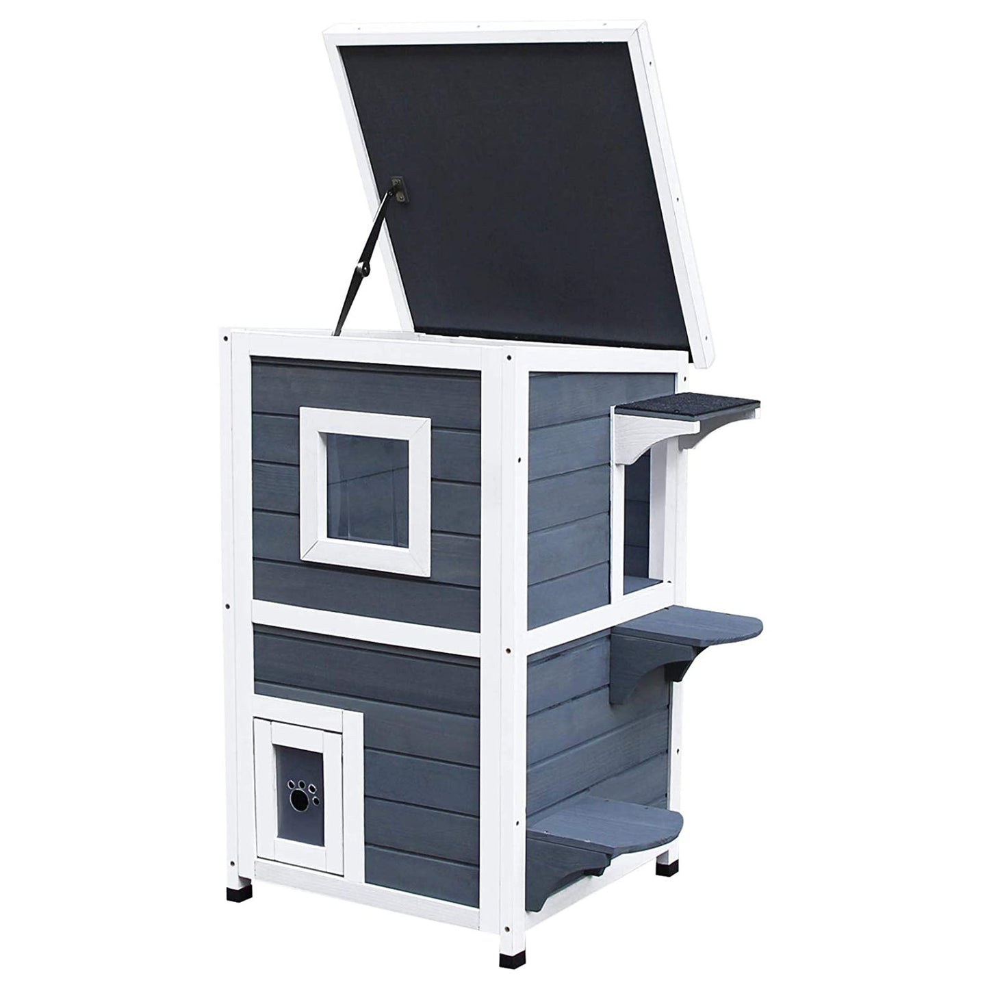2 Story Outdoor Cat House, Outdoor Cat Enclosure Wooden Cat Shelter with Windows, Platforms, Openable Top, Asphalt Roof, Grey