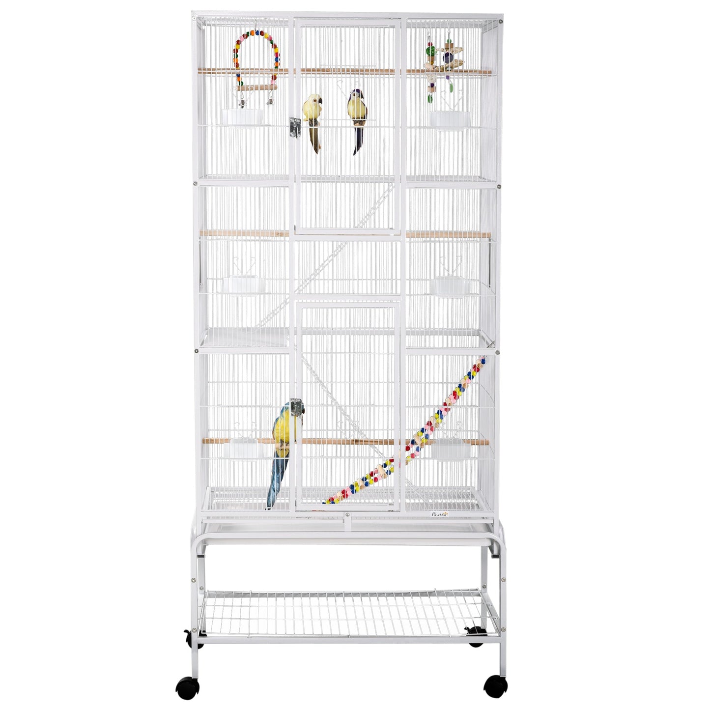 71" Bird Cage, 3 Tier Large Parrot Cage with Wheels, Perches, Ramp, Storage Shelf, Toys for Canaries, Finches, Cockatiels, Parakeets, White
