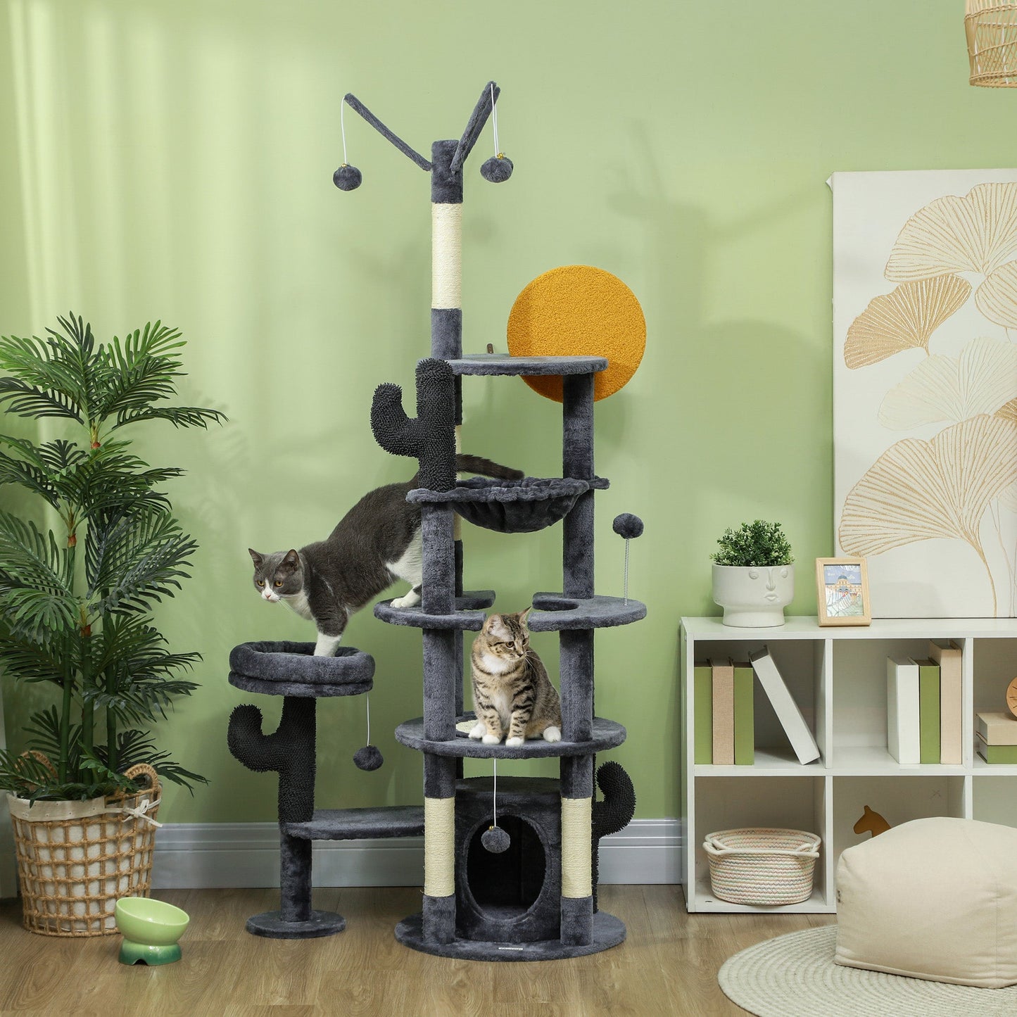 71" Tall Cat Tree, Multi-Level Cat Tower for Indoor, Corner DIY Design with Scratching Posts, Sisal Pad, Condo, Bed, Hammock, Platforms, Balls, Activity Center, Dark Grey