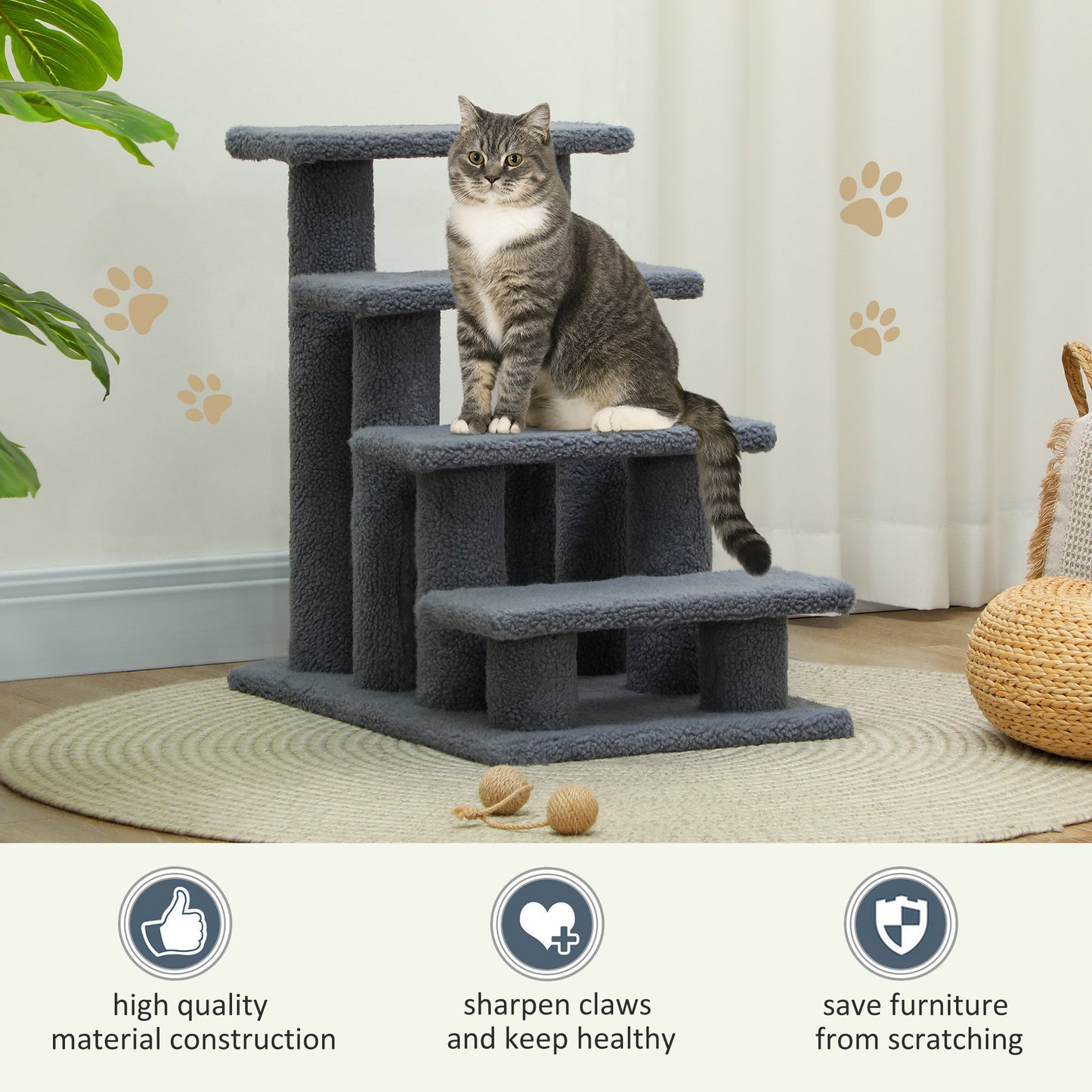 4-Step Multi-Level Carpeted Cat Scratching Post Pet Stairs, Grey