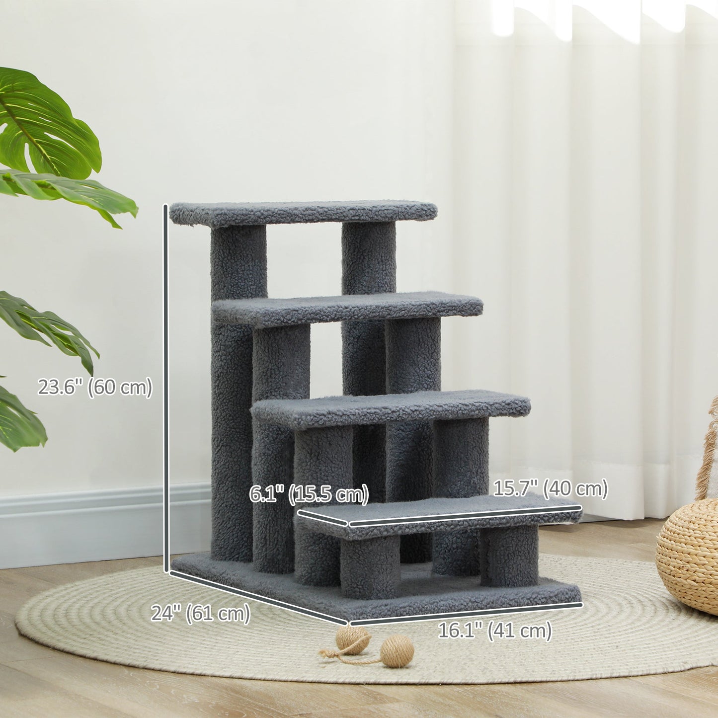 4-Step Multi-Level Carpeted Cat Scratching Post Pet Stairs, Grey