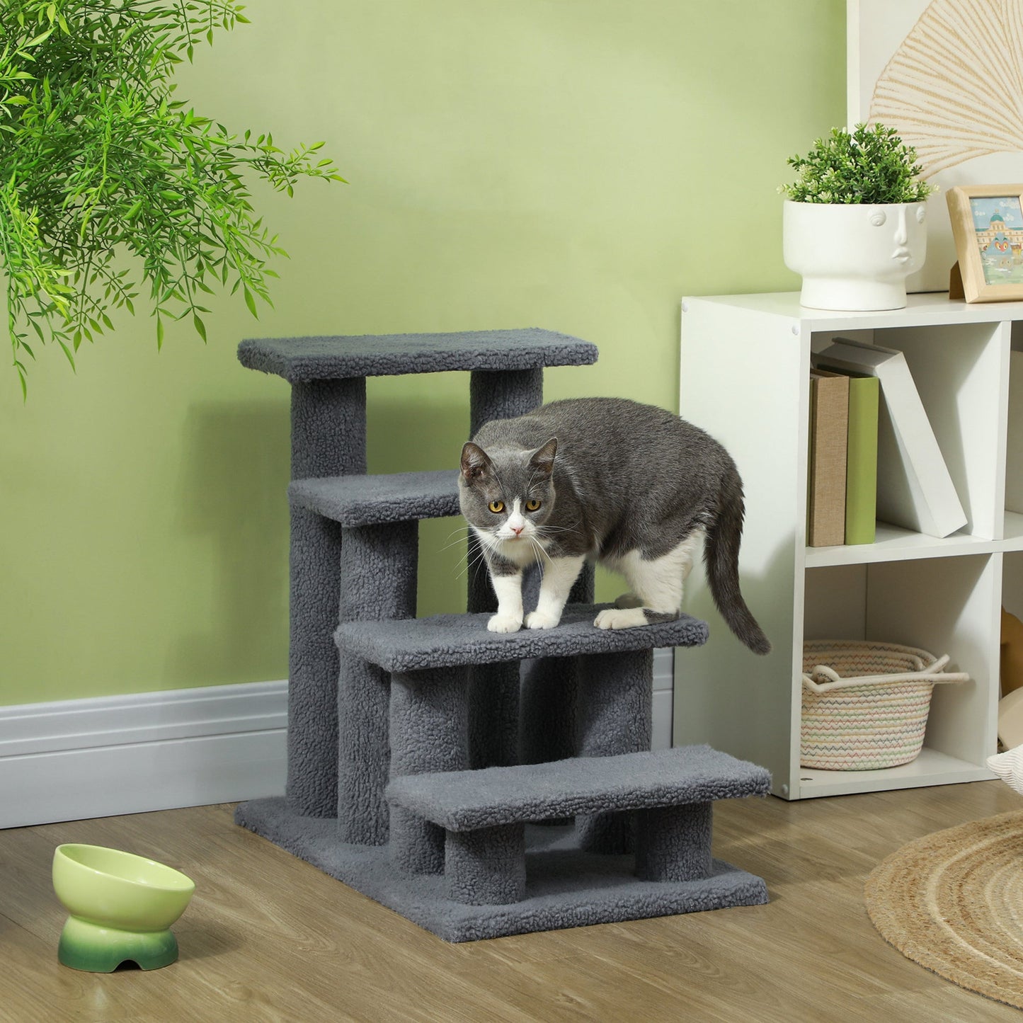 4-Step Multi-Level Carpeted Cat Scratching Post Pet Stairs, Grey