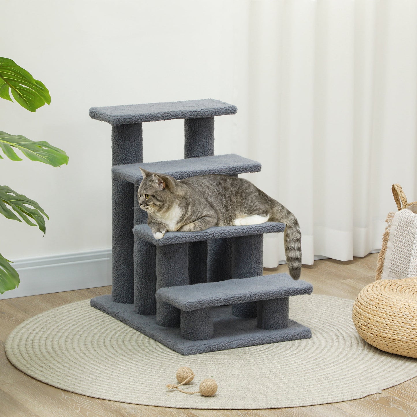 4-Step Multi-Level Carpeted Cat Scratching Post Pet Stairs, Grey