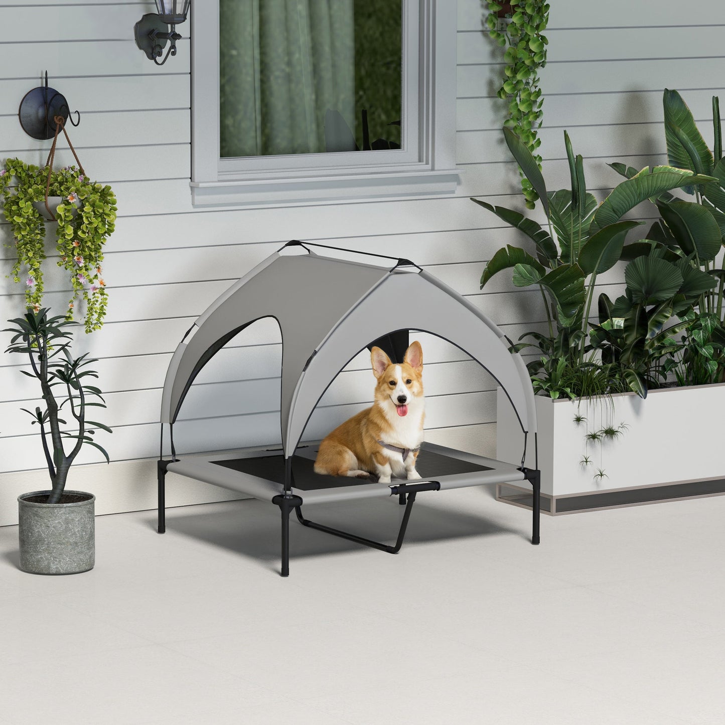 Elevated Dog Bed with Canopy, Cooling Dog Cot Bed for Camping, Portable Raised Pet Cot with Washable Breathable Mesh, for Indoor Outdoor, M & L Dogs, 36" x 30" x 35", Grey