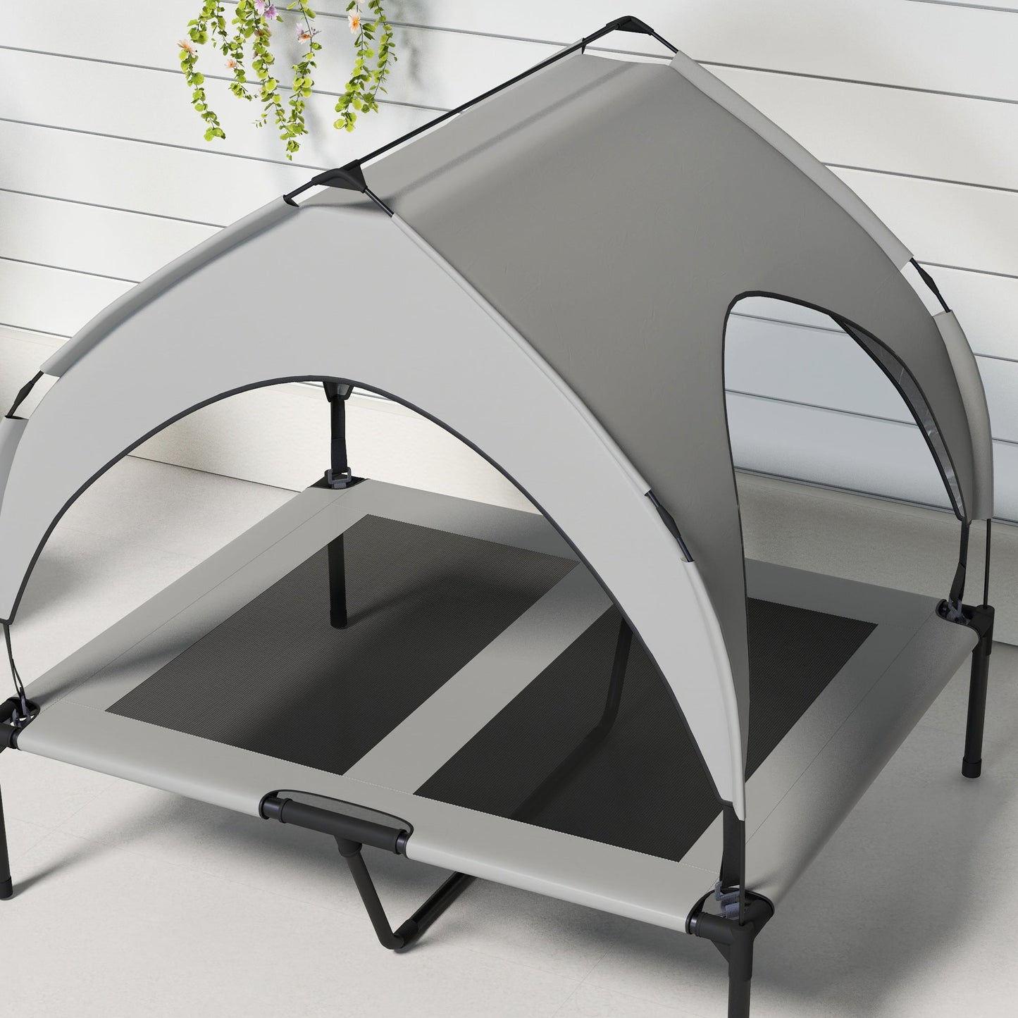 Elevated Dog Bed with Canopy, Cooling Dog Cot Bed for Camping, Portable Raised Pet Cot with Washable Breathable Mesh, for Indoor Outdoor, M & L Dogs, 36" x 30" x 35", Grey