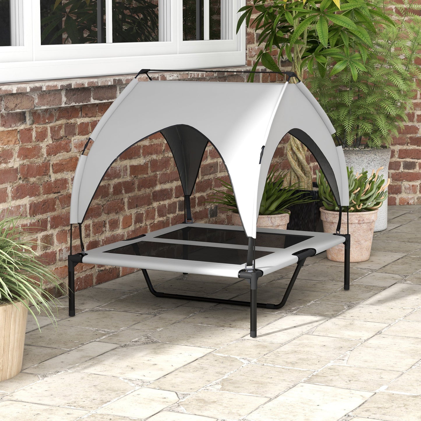 Elevated Dog Bed with Canopy, Cooling Dog Cot Bed for Camping, Portable Raised Pet Cot with Washable Breathable Mesh, for Indoor Outdoor, M & L Dogs, 36" x 30" x 35", Grey