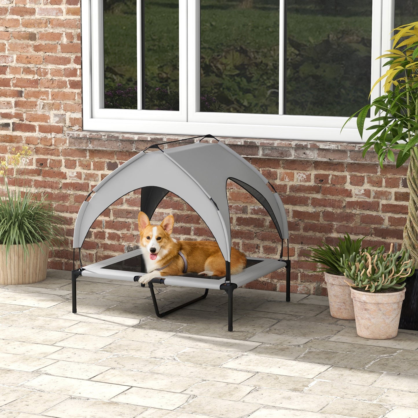 Elevated Dog Bed with Canopy, Cooling Dog Cot Bed for Camping, Portable Raised Pet Cot with Washable Breathable Mesh, for Indoor Outdoor, M & L Dogs, 36" x 30" x 35", Grey