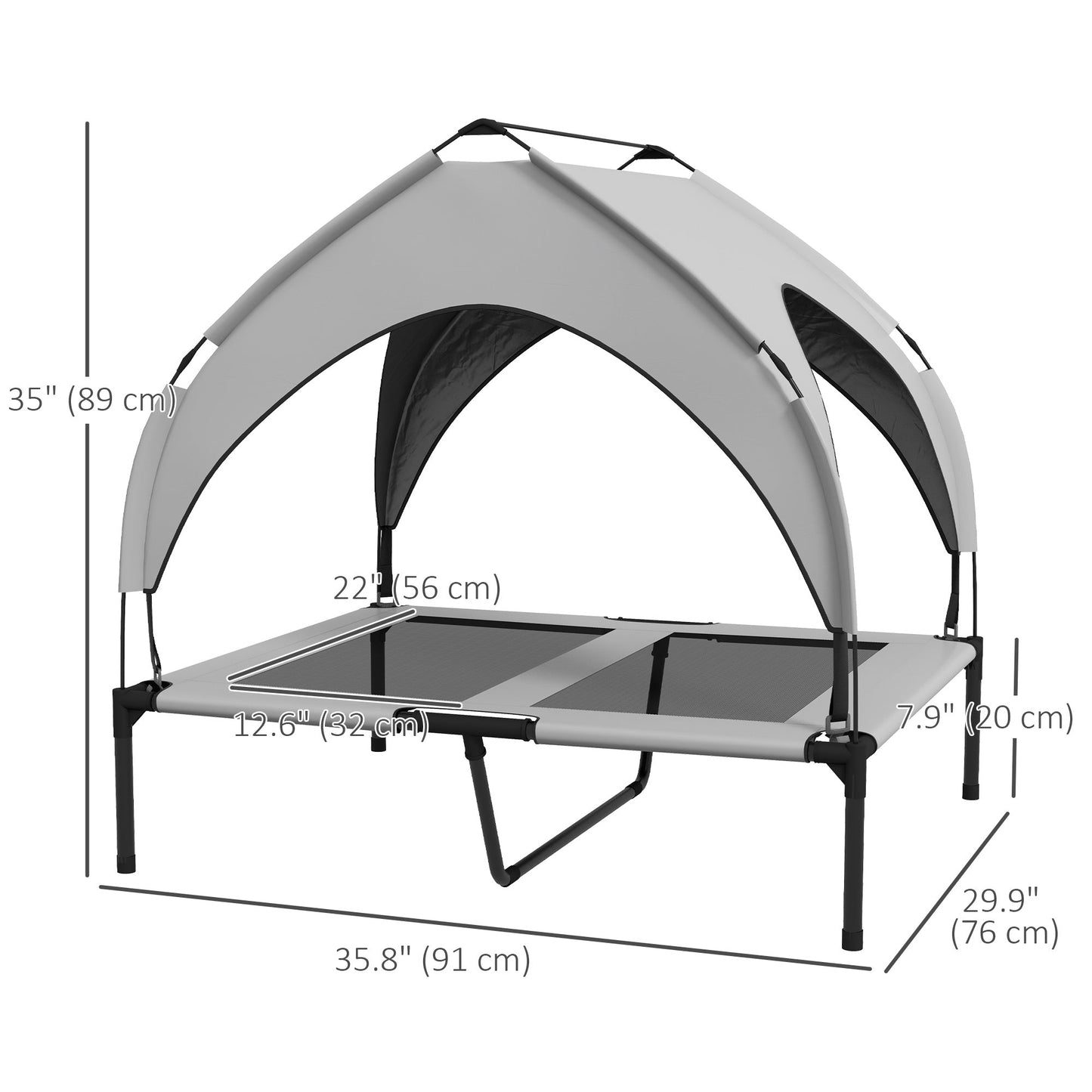 Elevated Dog Bed with Canopy, Cooling Dog Cot Bed for Camping, Portable Raised Pet Cot with Washable Breathable Mesh, for Indoor Outdoor, M & L Dogs, 36" x 30" x 35", Grey