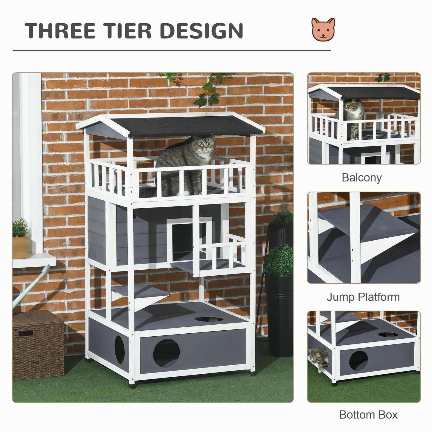 Outdoor Cat House, 4-Floor Wood Cat House for Feral Cats with Balcony, Condo, Fun Entrances, Perch, Grey
