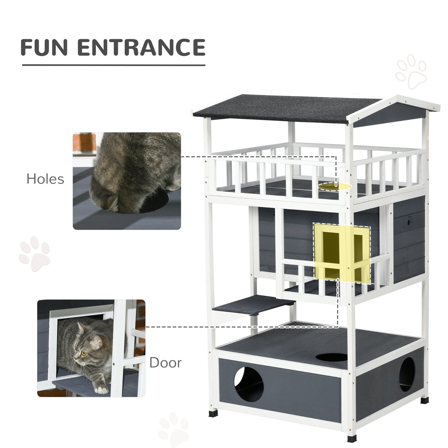 Outdoor Cat House, 4-Floor Wood Cat House for Feral Cats with Balcony, Condo, Fun Entrances, Perch, Grey