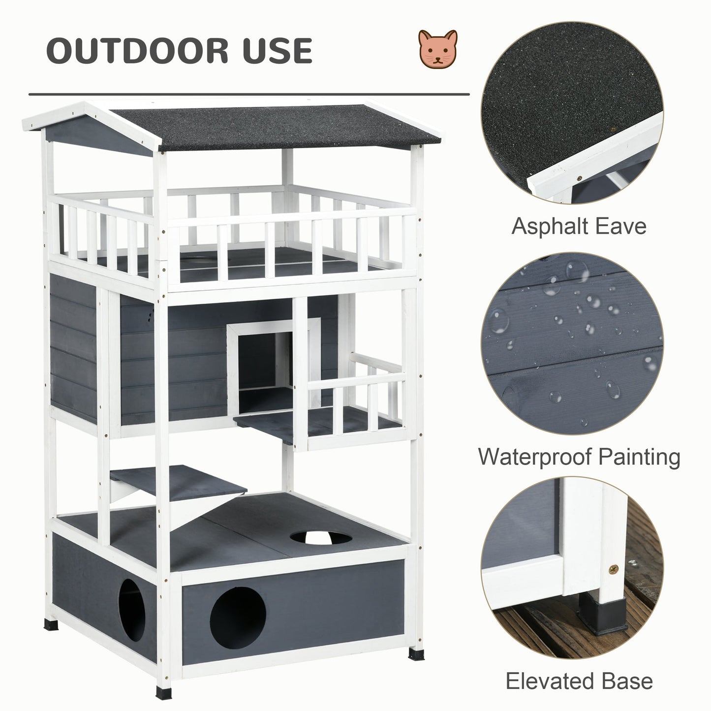 Outdoor Cat House, 4-Floor Wood Cat House for Feral Cats with Balcony, Condo, Fun Entrances, Perch, Grey