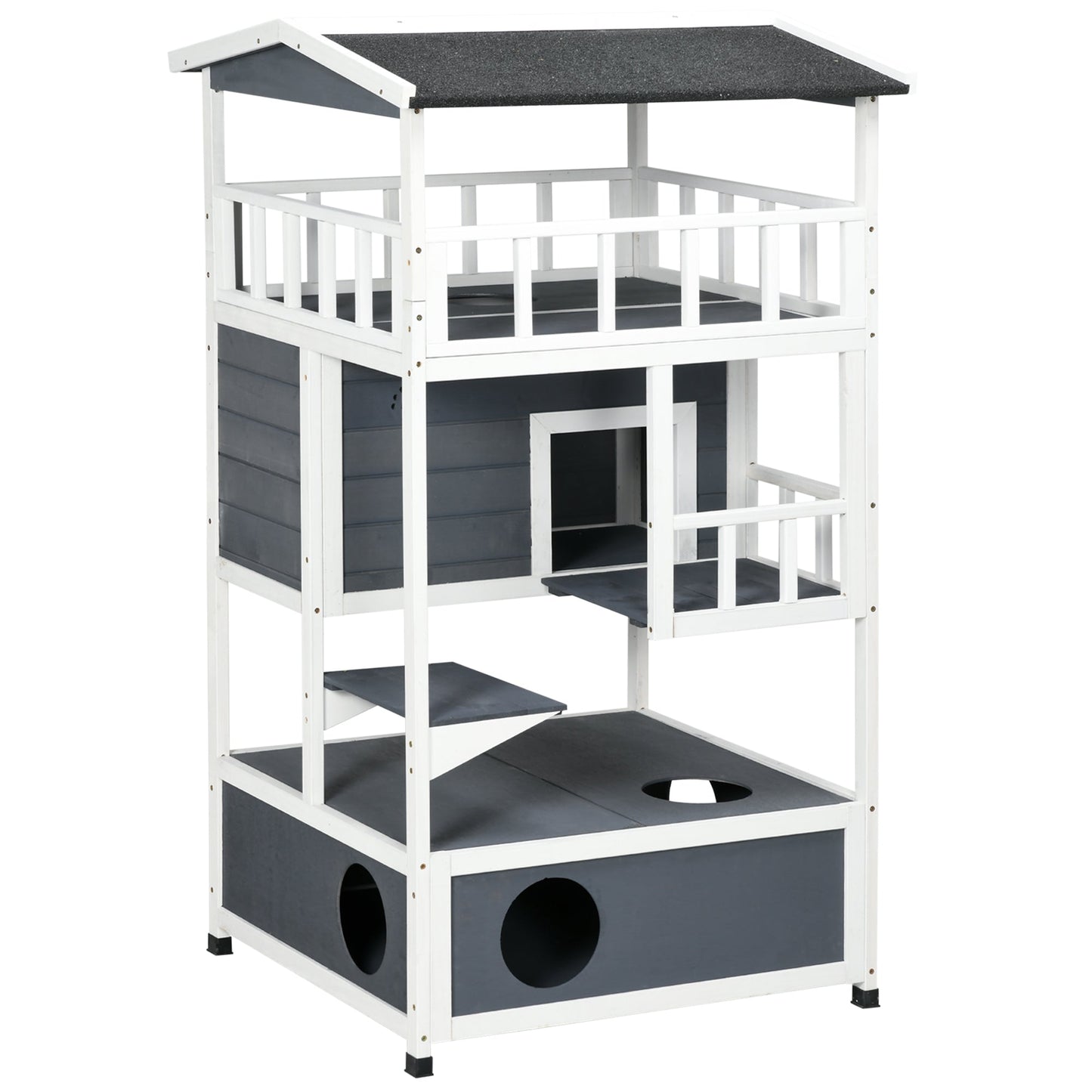 Outdoor Cat House, 4-Floor Wood Cat House for Feral Cats with Balcony, Condo, Fun Entrances, Perch, Grey