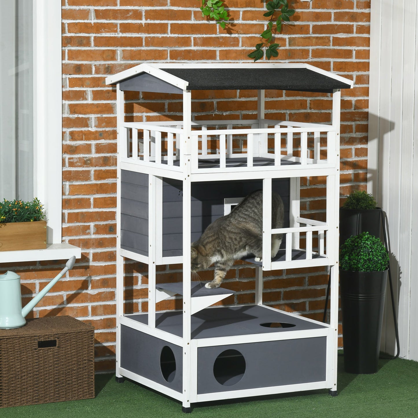 Outdoor Cat House, 4-Floor Wood Cat House for Feral Cats with Balcony, Condo, Fun Entrances, Perch, Grey
