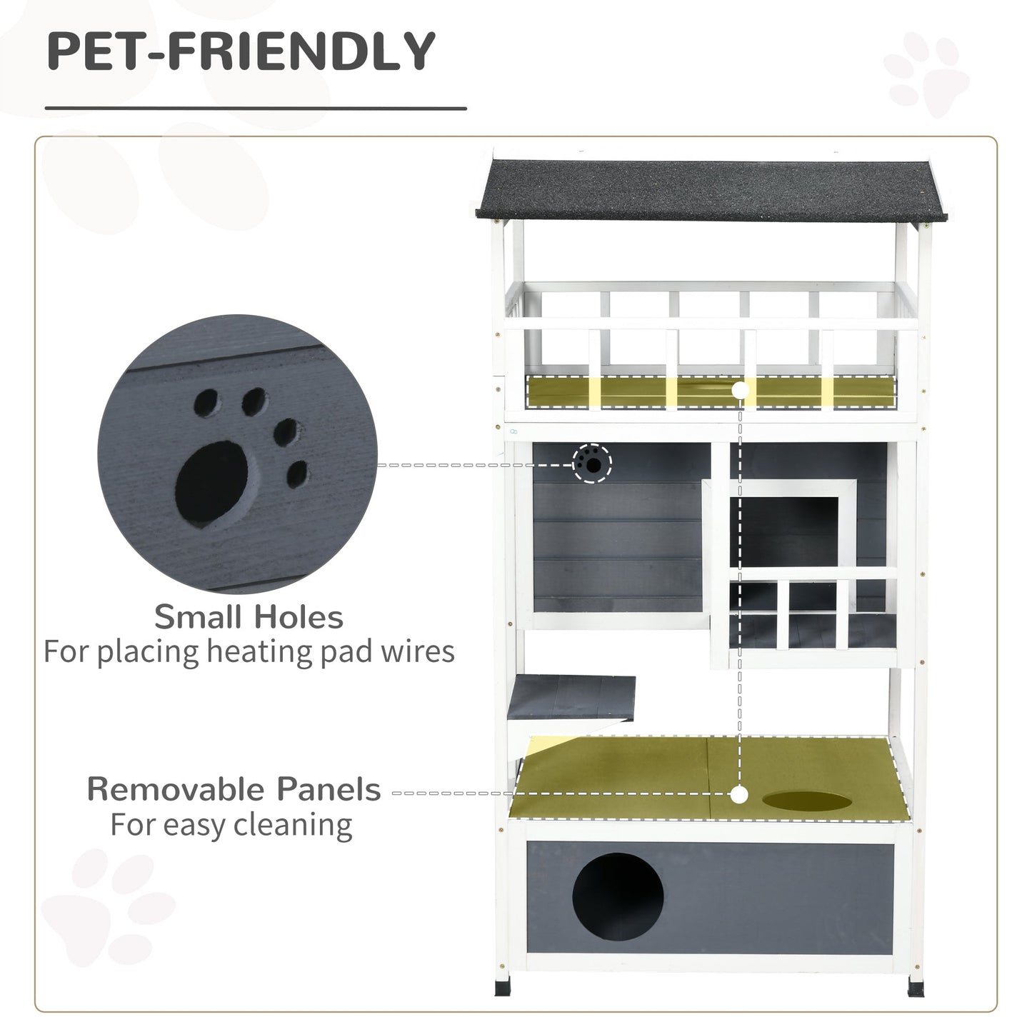 Outdoor Cat House, 4-Floor Wood Cat House for Feral Cats with Balcony, Condo, Fun Entrances, Perch, Grey