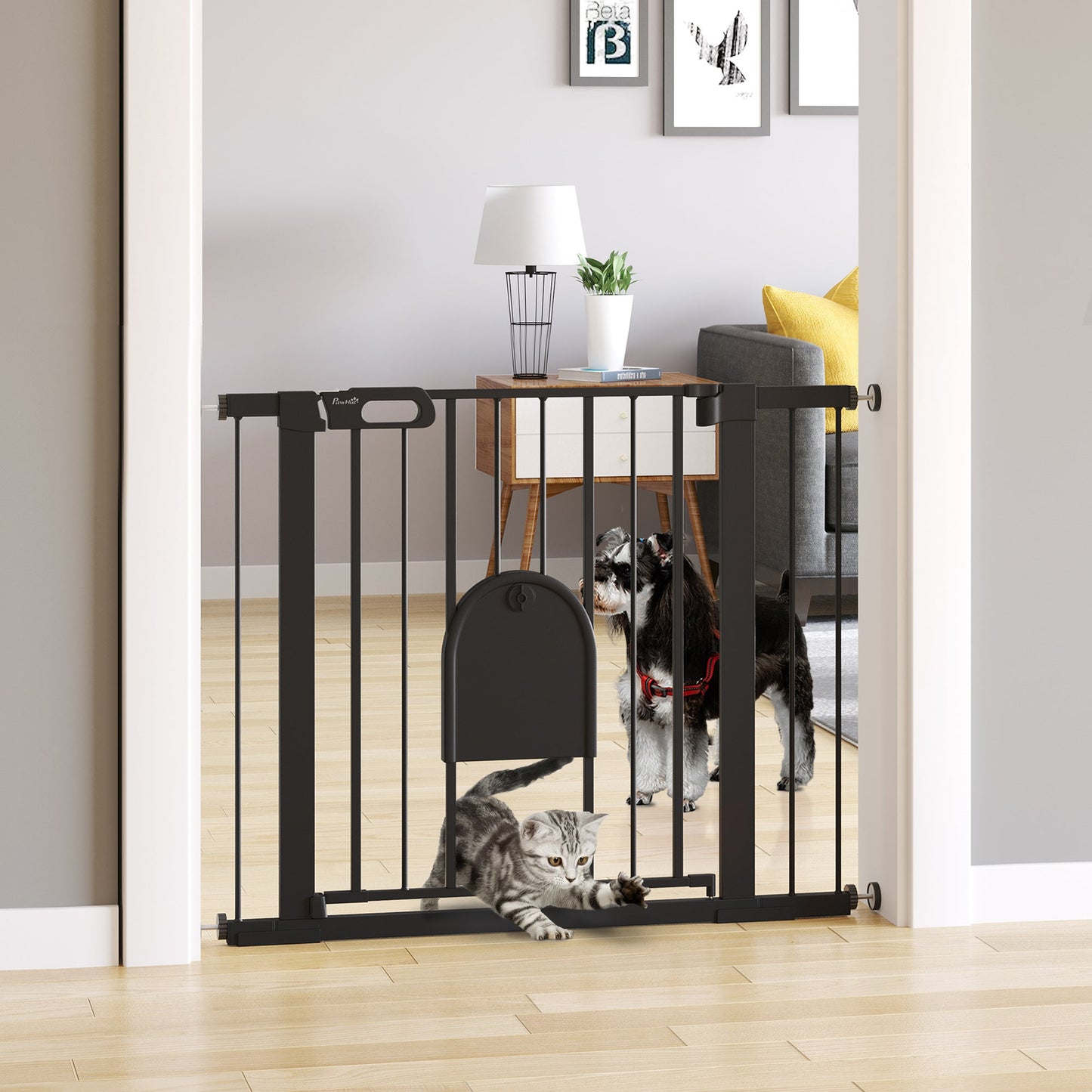30"-41" Extra Wide Pet Gate with Small Door, 30"H Dog Gate with Safety Gate Barrier, Stair Pressure Fit, Auto Close, Double Locking, for Doorways, Hallways, Black