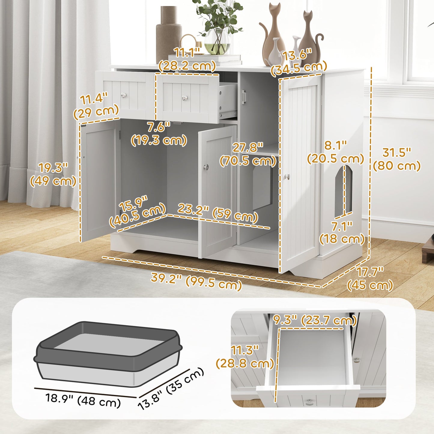 Cat Litter Box Enclosure, Hidden Litter Box Furnitrue Indoor Cat House with Drawer, Storage, Anti-tip Kit, Cat Washroom for Living Room, Bedroom, White