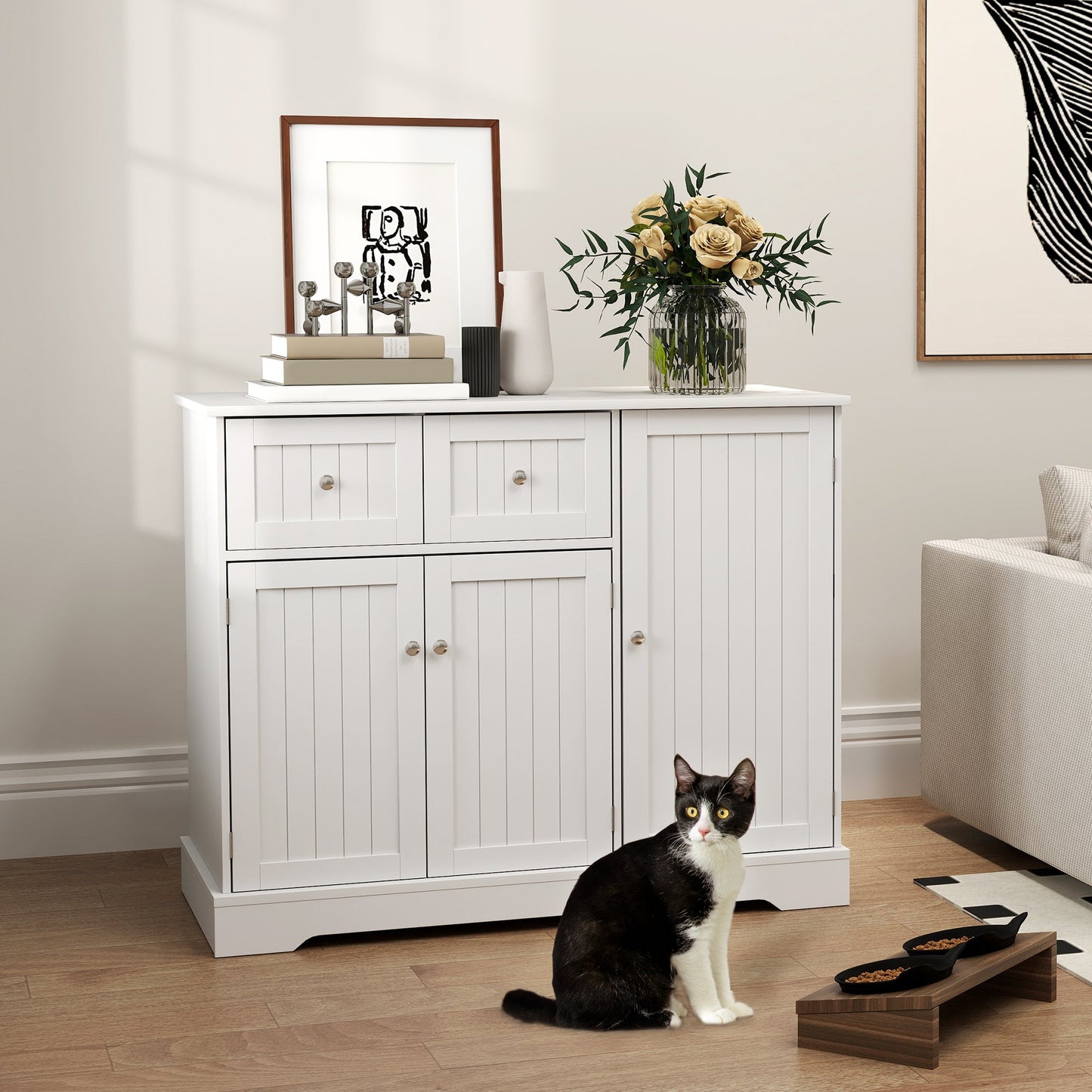 Cat Litter Box Enclosure, Hidden Litter Box Furnitrue Indoor Cat House with Drawer, Storage, Anti-tip Kit, Cat Washroom for Living Room, Bedroom, White