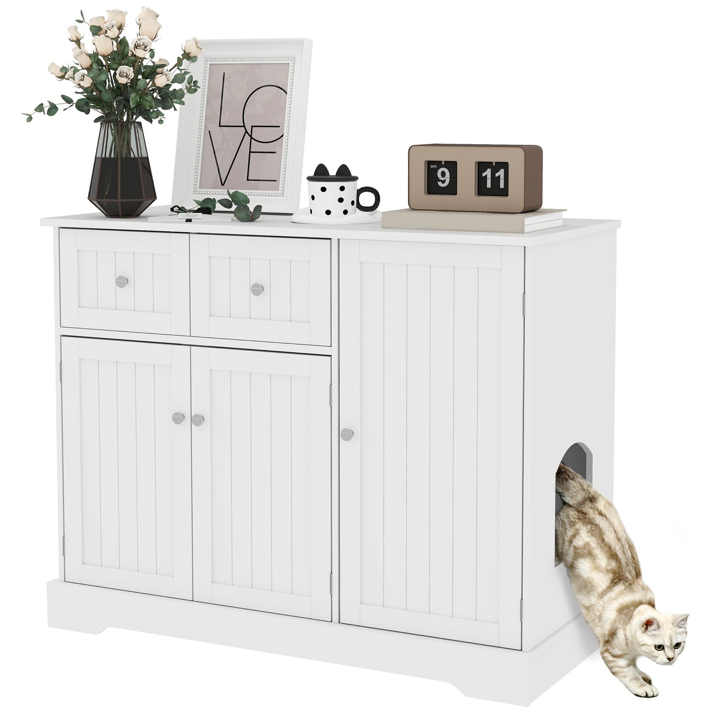 Cat Litter Box Enclosure, Hidden Litter Box Furnitrue Indoor Cat House with Drawer, Storage, Anti-tip Kit, Cat Washroom for Living Room, Bedroom, White