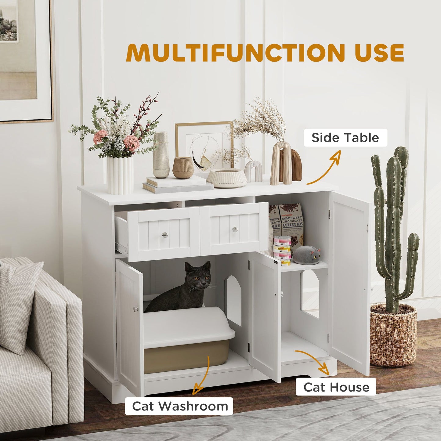 Cat Litter Box Enclosure, Hidden Litter Box Furnitrue Indoor Cat House with Drawer, Storage, Anti-tip Kit, Cat Washroom for Living Room, Bedroom, White