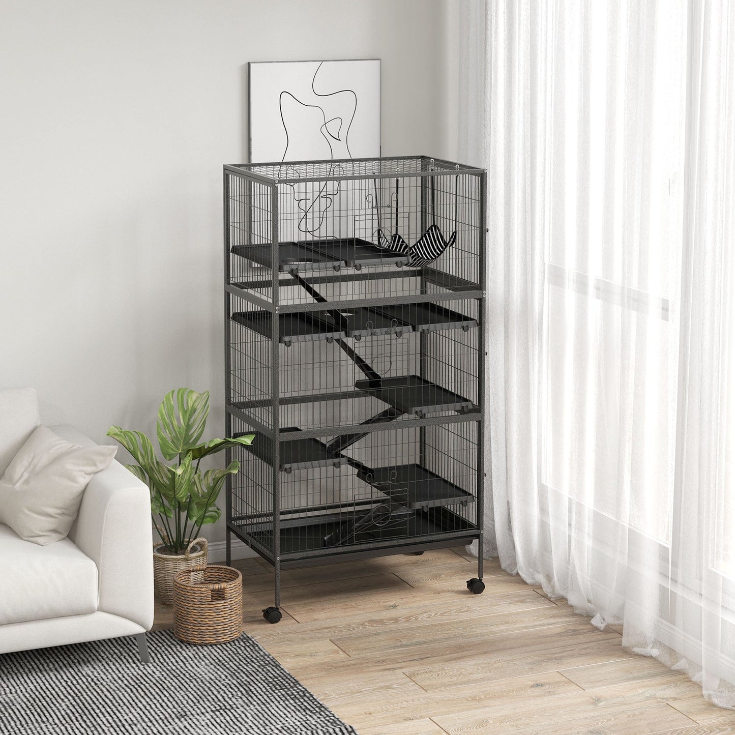 6-Tier Rolling Small Animal Cage, Deluxe Rabbit Cage, Ferret Cage for Mink, Chinchilla, Kitten, Rabbit, Small Pet Play House with Hammock, Platform, Ramp, Charcoal Grey