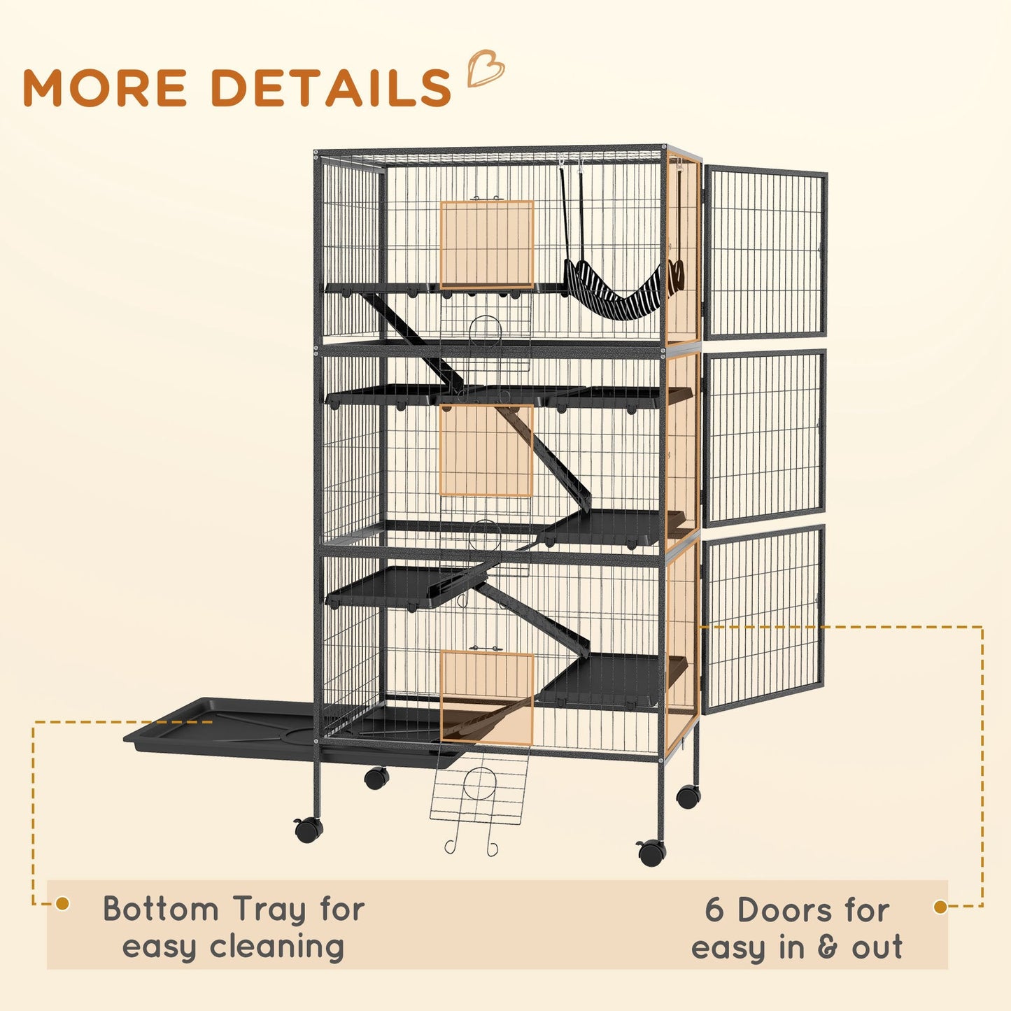 6-Tier Rolling Small Animal Cage, Deluxe Rabbit Cage, Ferret Cage for Mink, Chinchilla, Kitten, Rabbit, Small Pet Play House with Hammock, Platform, Ramp, Charcoal Grey